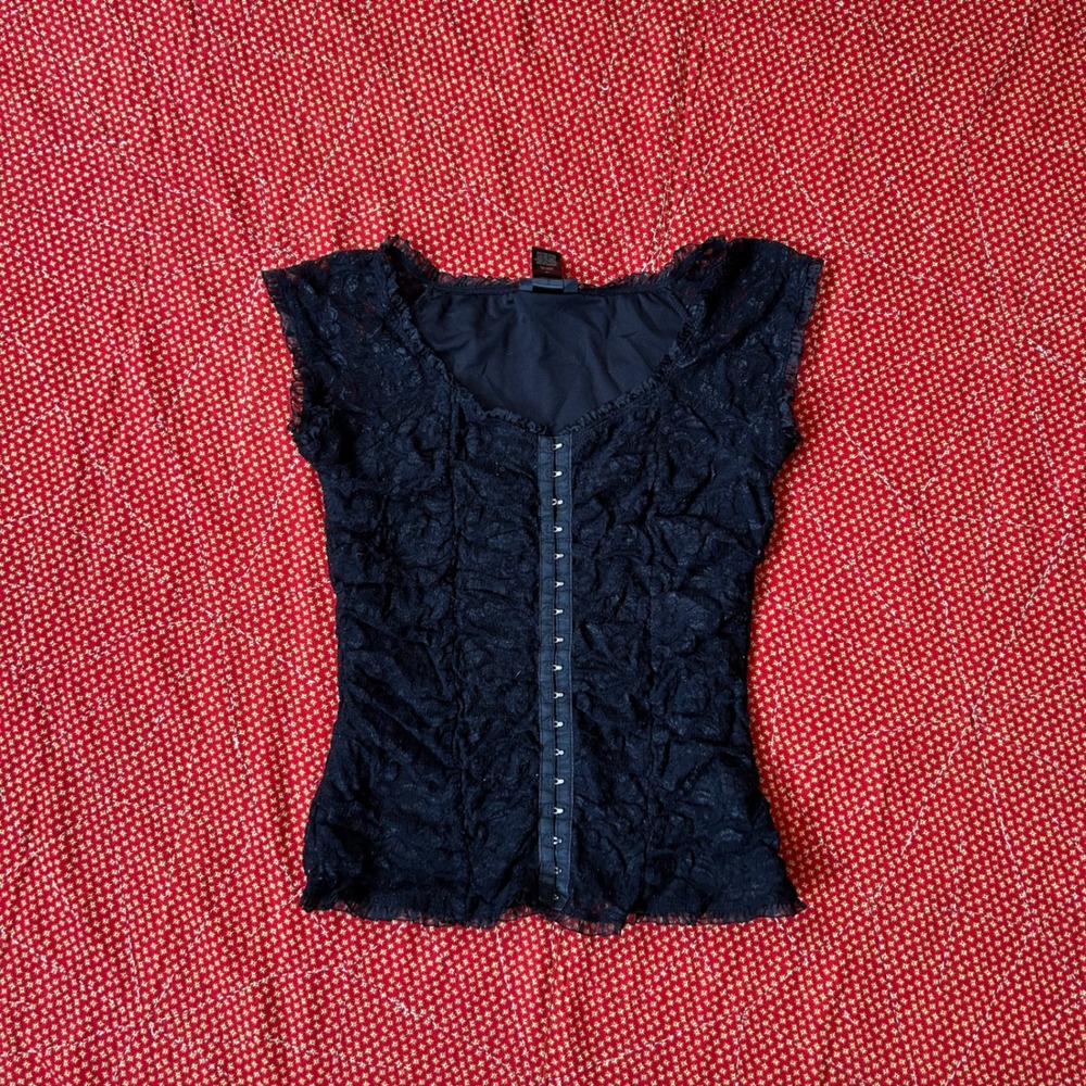 Petite Sophisticate Black Lace Hook Eye Corset Style Top Blouse Medium Vintage